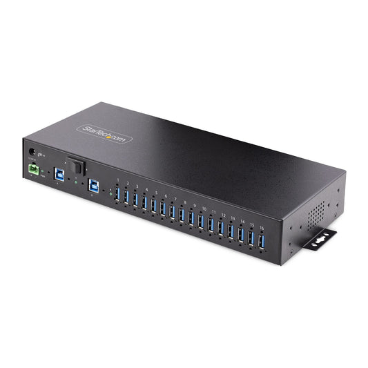 StarTech.com 16-Port Industrial USB 3.0 Hub 5Gbps, Metal, DIN/Surface/Rack Mountable, ESD Protection, Terminal Block Power, up to 120W Shared USB Charging, Dual-Host Hub/Switch - TAA product image