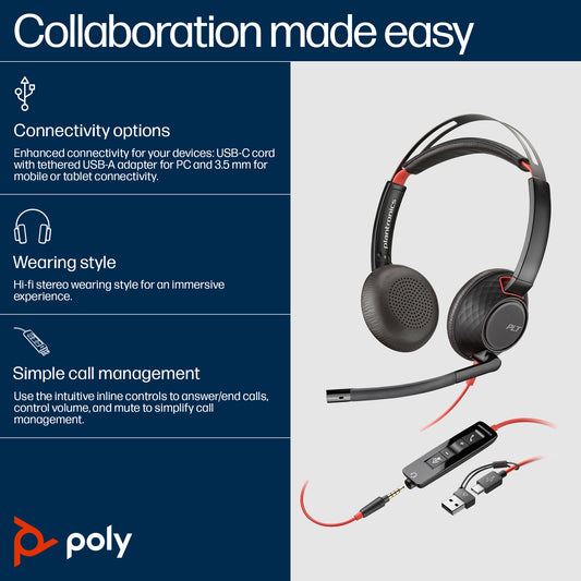 HP Poly Blackwire 5220 Stereo USB-C Headset +3.5mm Plug +USB-C/A Adapter