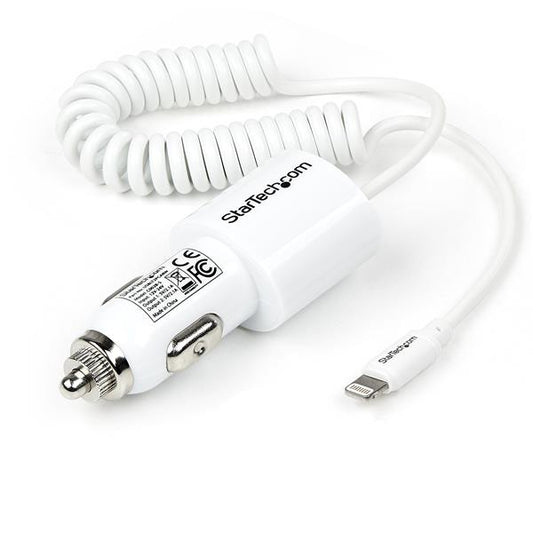StarTech.com Dual-Port Car Charger - USB with Built-in Lightning Cable - White product image