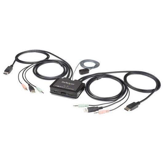 StarTech 2 Port DisplayPort KVM Switch - 4K 60Hz - Compact Dual Port UHD DP 1.2 USB Desktop KVM Switch with 4ft Cables & Audio - Bus Powered & Remote Switching - MacBook ThinkPad