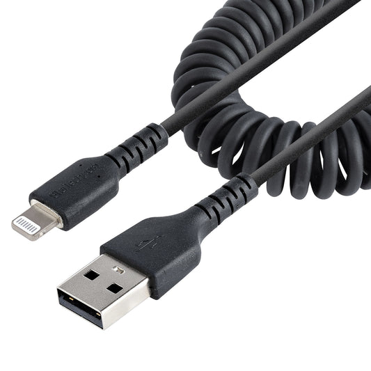 StarTech 1m (3ft) USB to Lightning Cable, MFi Certified, Coiled iPhone Charger Cable, Black, Durable TPE Jacket Aramid Fiber, Heavy Duty Coil Lightning Cable