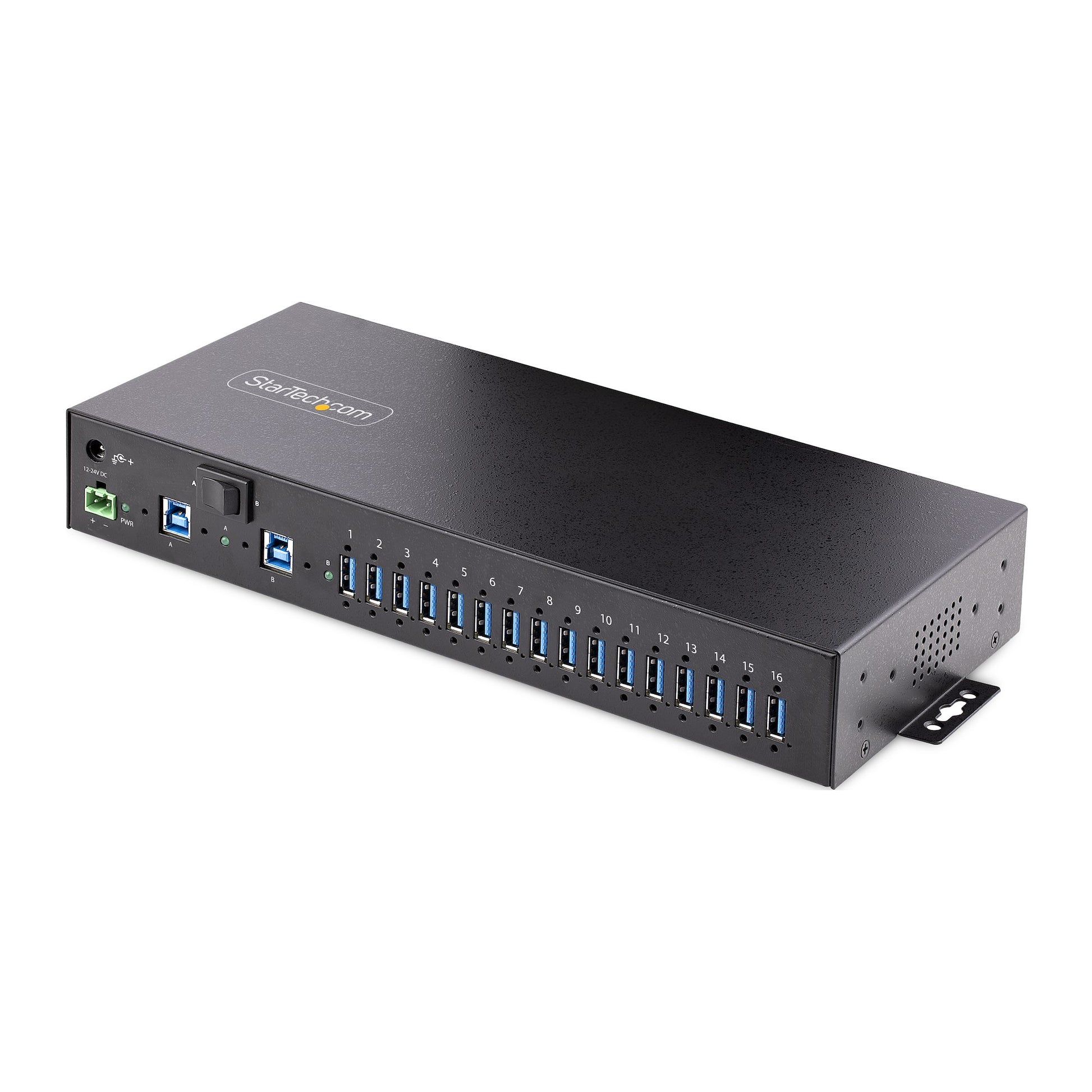 StarTech.com 16-Port Industrial USB 3.0 Hub 5Gbps, Metal, DIN/Surface/Rack Mountable, ESD Protection, Terminal Block Power, up to 120W Shared USB Charging, Dual-Host Hub/Switch - TAA product image