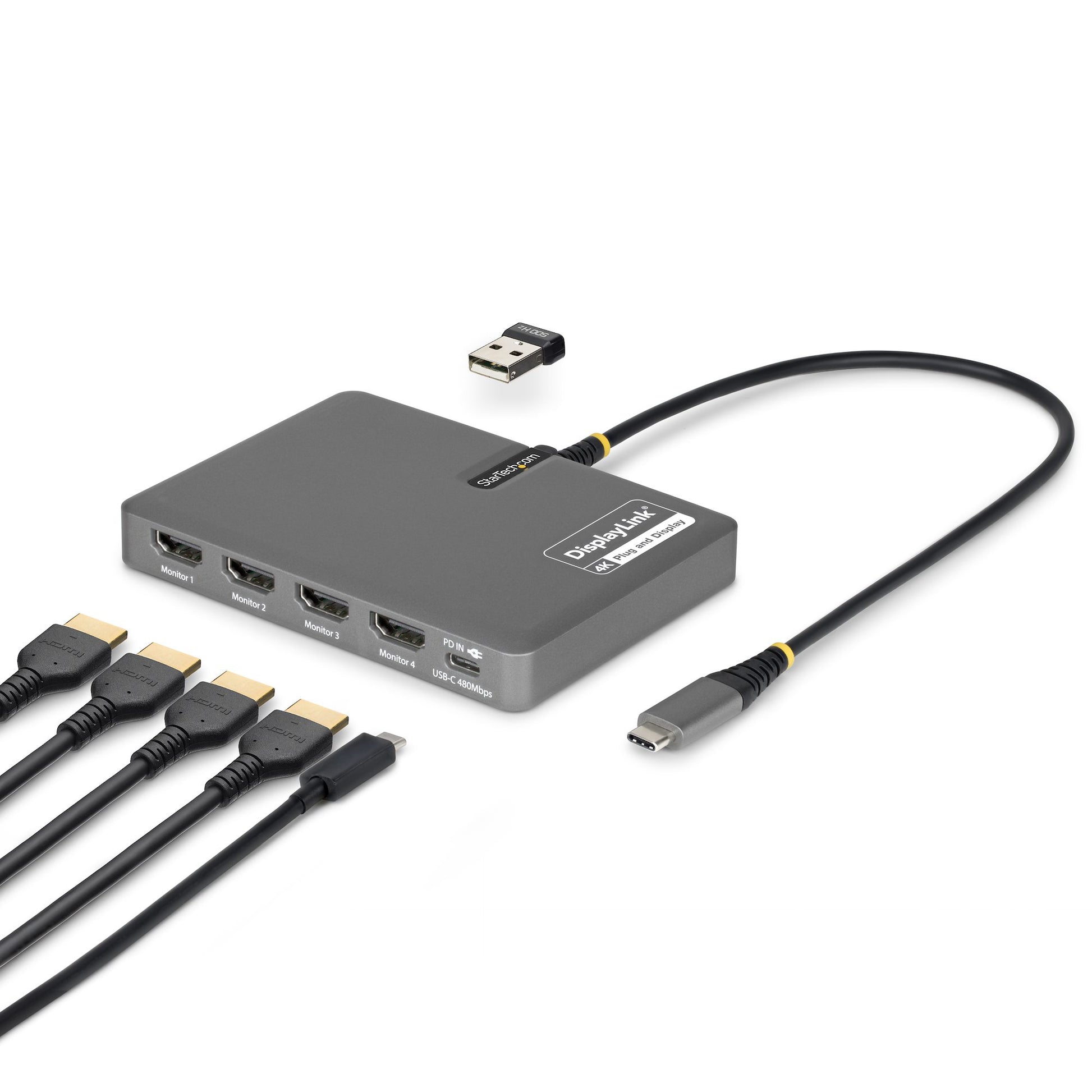 StarTech.com USB-C to Quad-Monitor Workstation Adapter, 4K 60Hz HDMI, 140W PD Passthrough for Laptop Charging, USB Port for Wireless Keyboard / Mouse, TAA product image