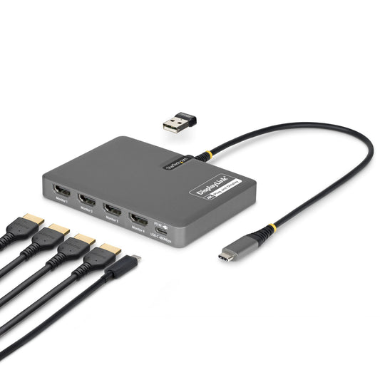 StarTech.com USB-C to Quad-Monitor Workstation Adapter, 4K 60Hz HDMI, 140W PD Passthrough for Laptop Charging, USB Port for Wireless Keyboard / Mouse, TAA product image