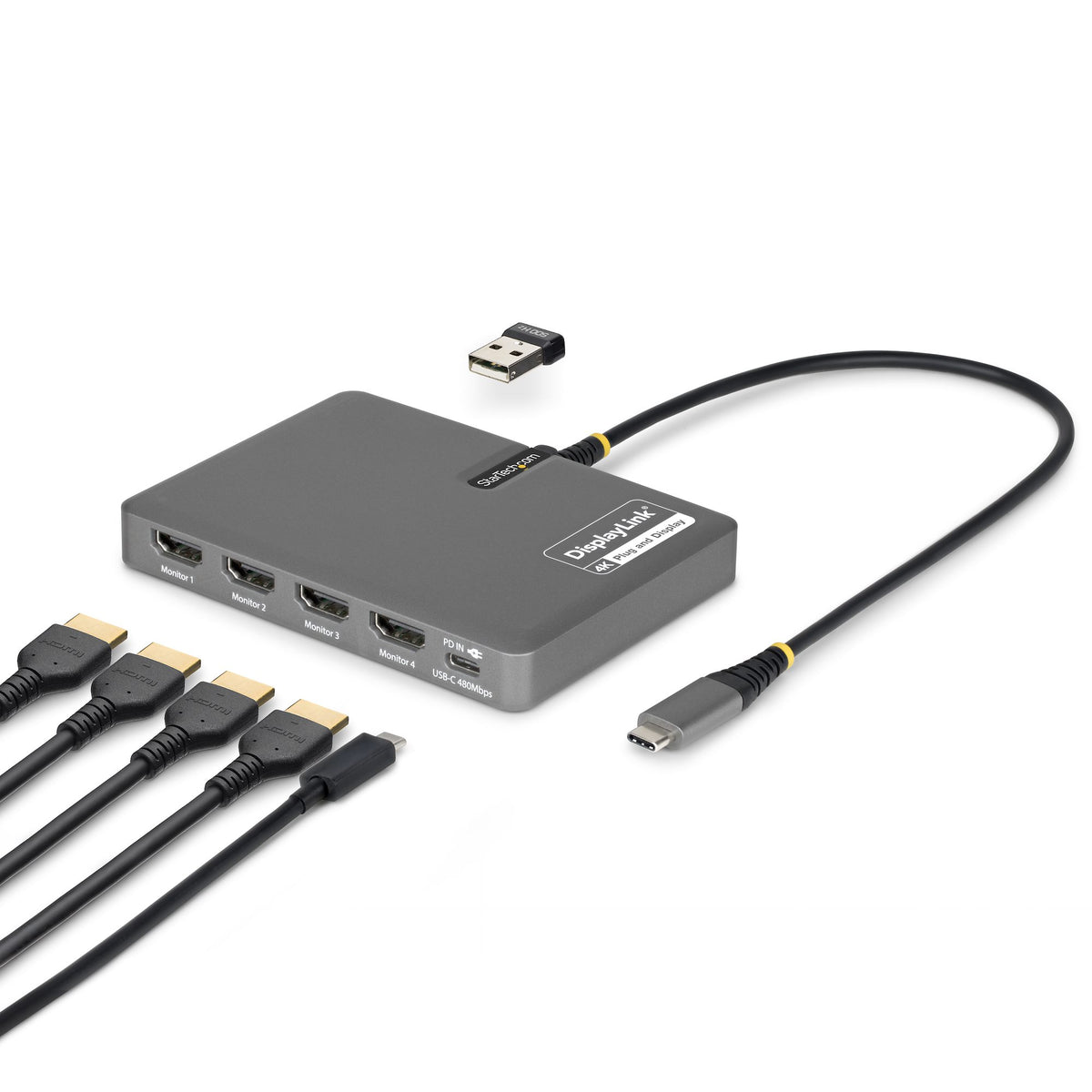StarTech.com USB-C to Quad-Monitor Workstation Adapter, 4K 60Hz HDMI, 140W PD Passthrough for Laptop Charging, USB Port for Wireless Keyboard / Mouse, TAA - StarTech.com