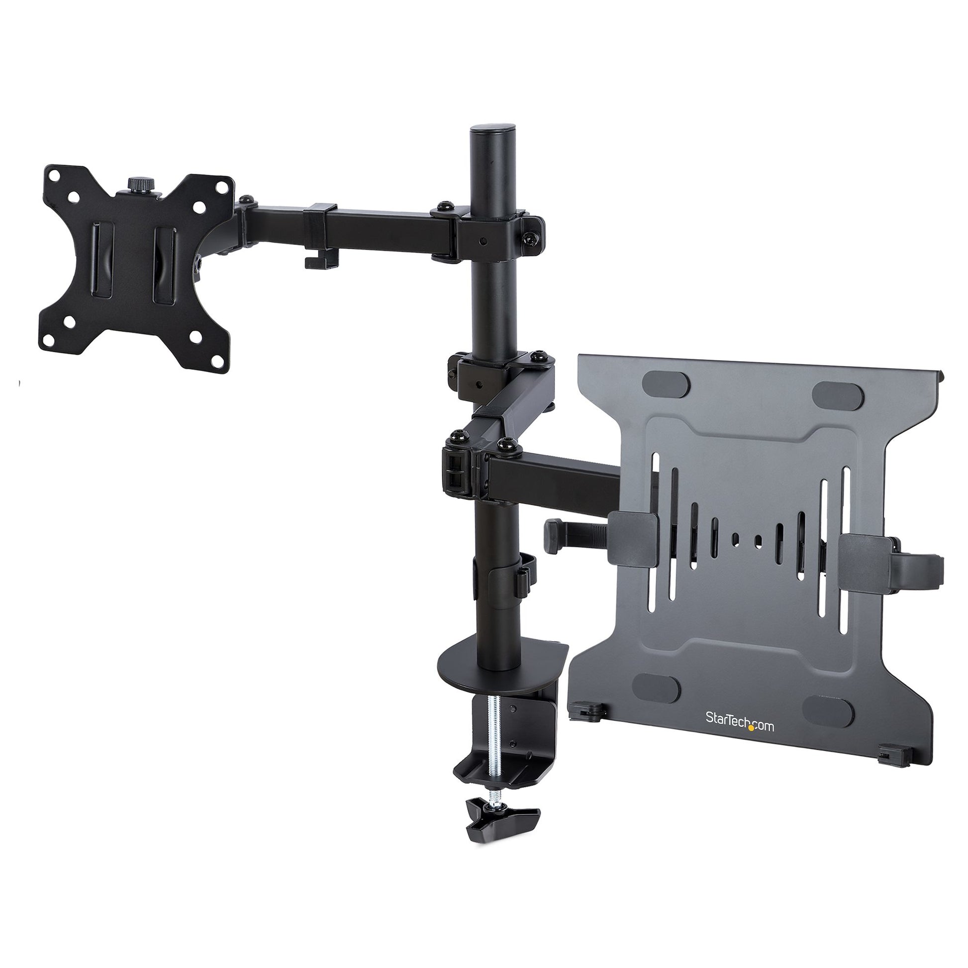 StarTech.com Monitor Arm with VESA Laptop Tray, For a Laptop (4.5kg/9.9lb) and a Single Display up to 32" (17.6lb/8kg), Black, Vented Tray, Adjustable Laptop Arm Mount, C-clamp/Grommet Mount product image