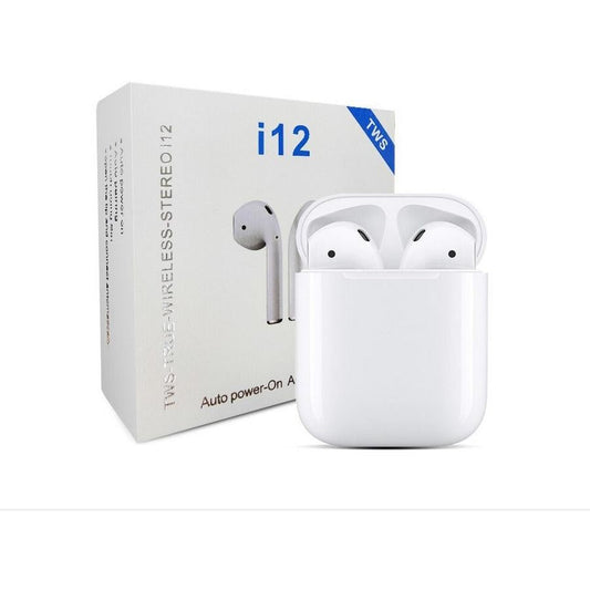 TWS i12 Wireless Bluetooth 5.0 Earbuds – Stereo Sound, Auto Pairing, Charging Case – White | Brand New