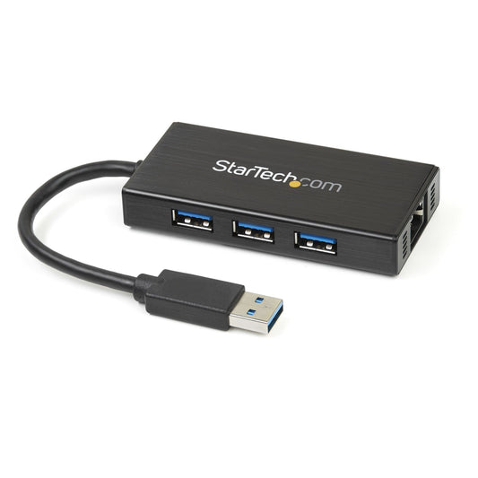 StarTech.com 3-Port Portable USB 3.0 Hub plus Gigabit Ethernet - 5Gbps - Aluminum with Built-in Cable - TAA product image