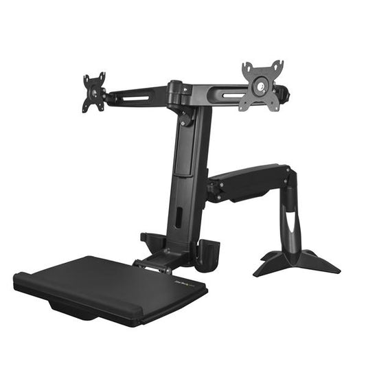 StarTech.com Sit Stand Dual Monitor Arm - Desk Mount Dual Computer Monitor Adjustable Standing Workstation for up to 24" Displays - VESA Ergonomic Stand Up Desk Converter w/ Keyboard Tray product image