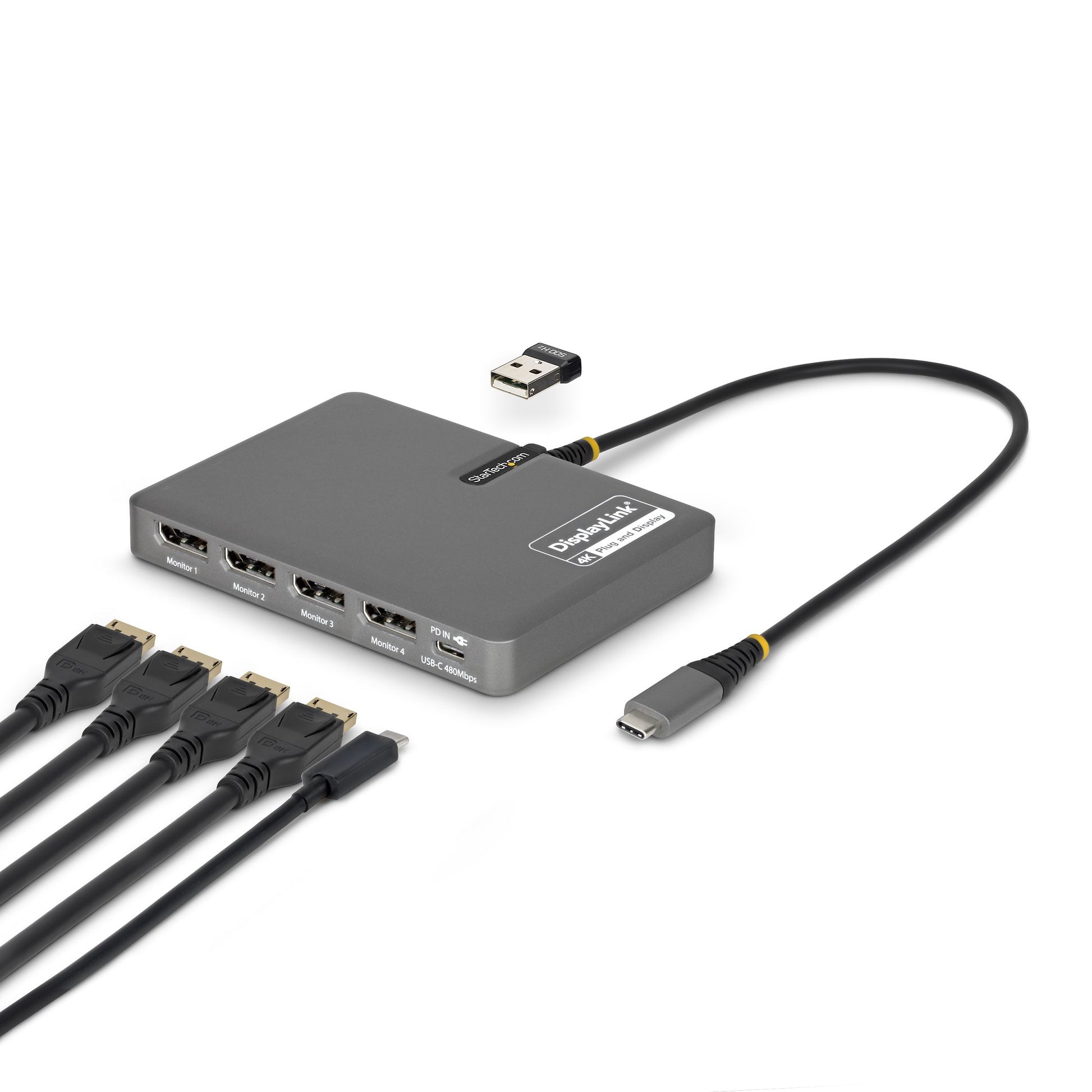 StarTech.com USB-C to Quad-Monitor Workstation Adapter, 4K 60Hz DisplayPort, 140W PD Passthrough for Laptop Charging, USB Port for Wireless Keyboard / Mouse, TAA product image