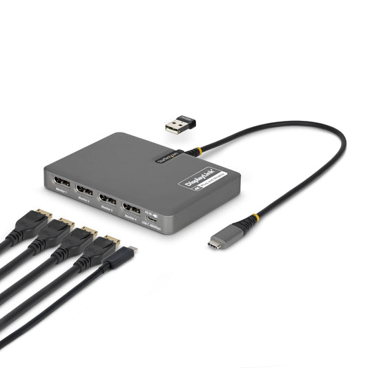 StarTech.com USB-C to Quad-Monitor Workstation Adapter, 4K 60Hz DisplayPort, 140W PD Passthrough for Laptop Charging, USB Port for Wireless Keyboard / Mouse, TAA product image