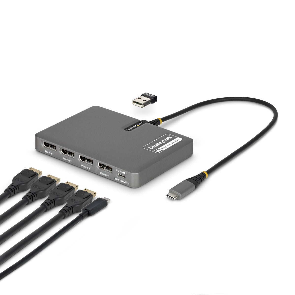 StarTech.com USB-C to Quad-Monitor Workstation Adapter, 4K 60Hz DisplayPort, 140W PD Passthrough for Laptop Charging, USB Port for Wireless Keyboard / Mouse, TAA - StarTech.com