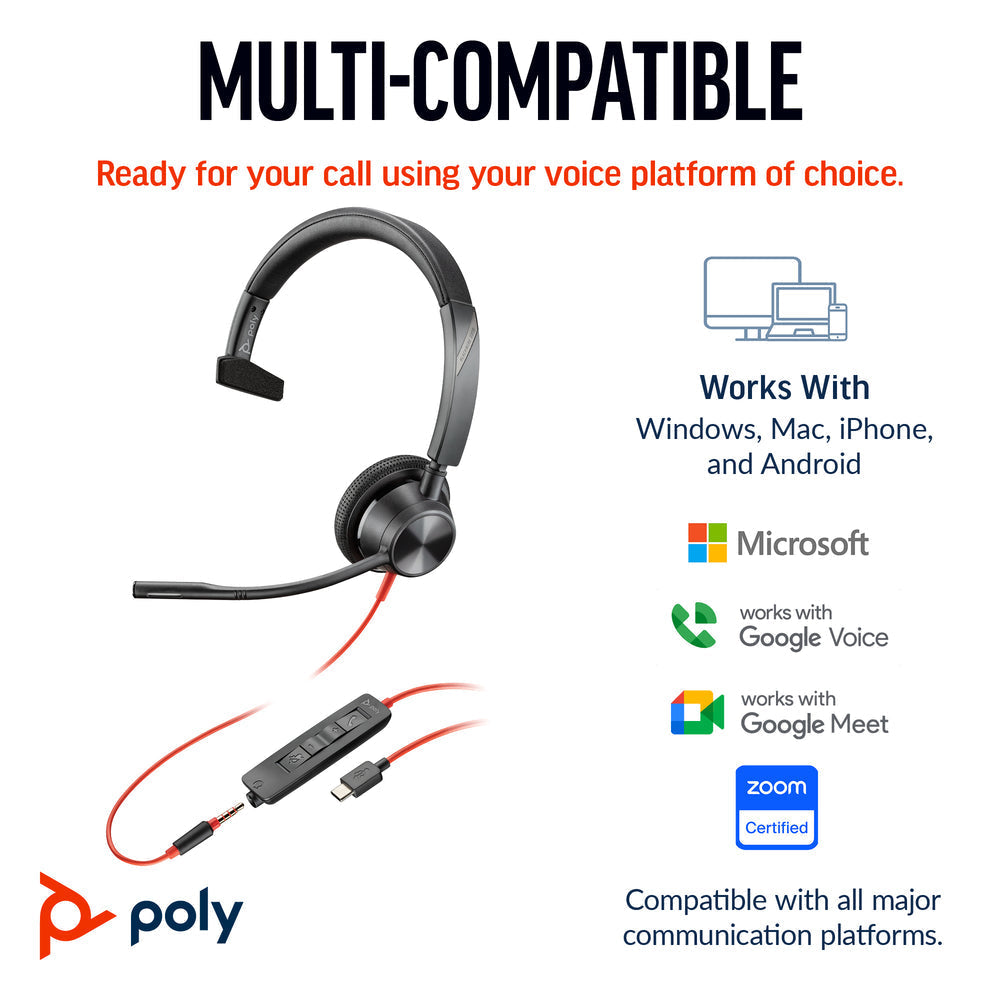 HP Poly Blackwire 3315 Monaural Microsoft Teams Certified USB-C Headset +3.5mm Plug +USB-C/A Adapter