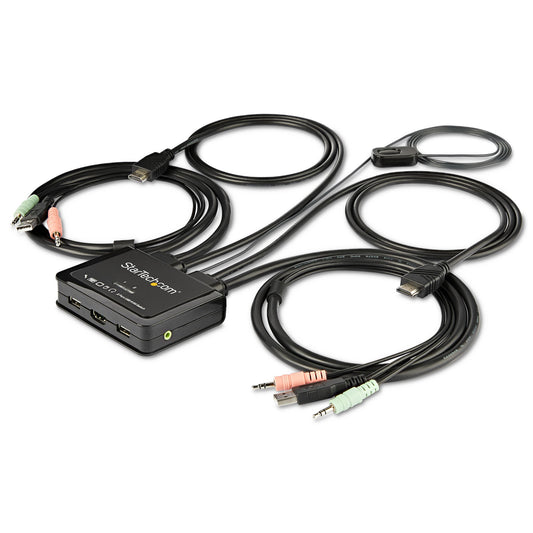 StarTech 2 Port HDMI KVM Switch - 4K 60Hz - Compact Dual Port UHD/Ultra HD USB Desktop KVM Switch w/Integrated 4ft Cables & Audio - Bus Powered & Remote Switching - MacBook ThinkPad