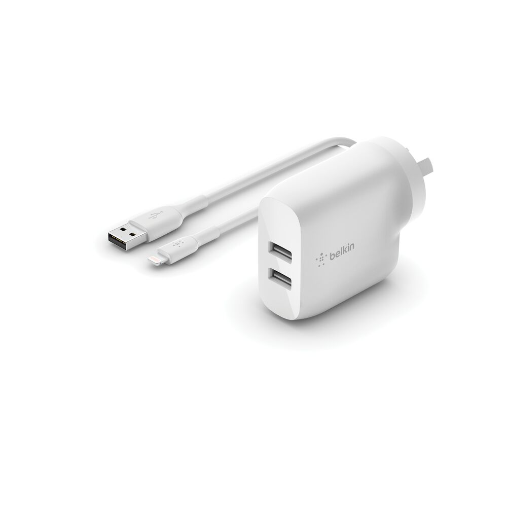 Belkin DUAL USB-A WALL CHRGR 24W + LIGHTNG CBL (WCD001AU1MWH)