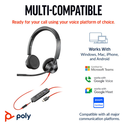 HP Poly Blackwire 3325 Stereo USB-C Headset +3.5mm Plug +USB-C/A Adapter