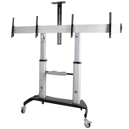StarTech Dual TV Cart for 37-60in VESA TVs up to 110lb/50kg each - Height Adjustable TV Mount, Mobile Display Cart w/ Equipment Shelves - Rolling TV Cart on Wheels - Rolling TV Stand