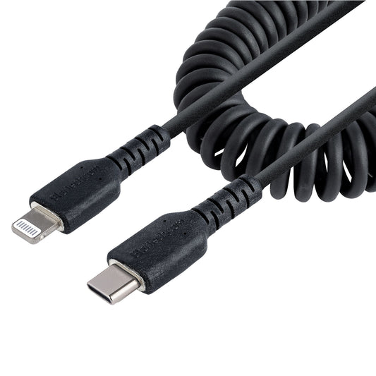StarTech 20in / 50cm USB C to Lightning Cable, MFi Certified, Coiled iPhone Charger Cable, Black, Durable TPE Jacket Aramid Fiber, Heavy Duty Coil Lightning Cable