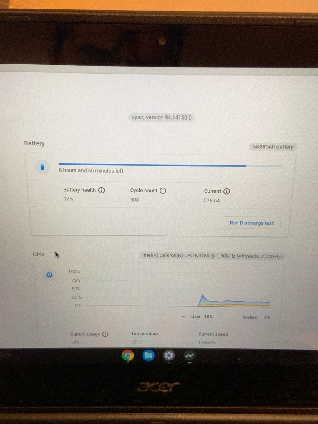 Acer Chromebook C738T-C44Z battery health and CPU diagnostic screenshot