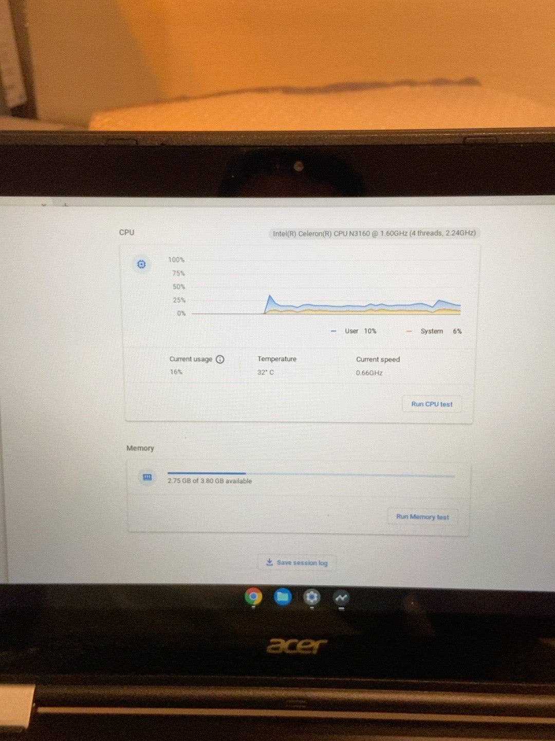 Acer Chromebook C738T-C44Z CPU and 4GB memory diagnostic screenshot