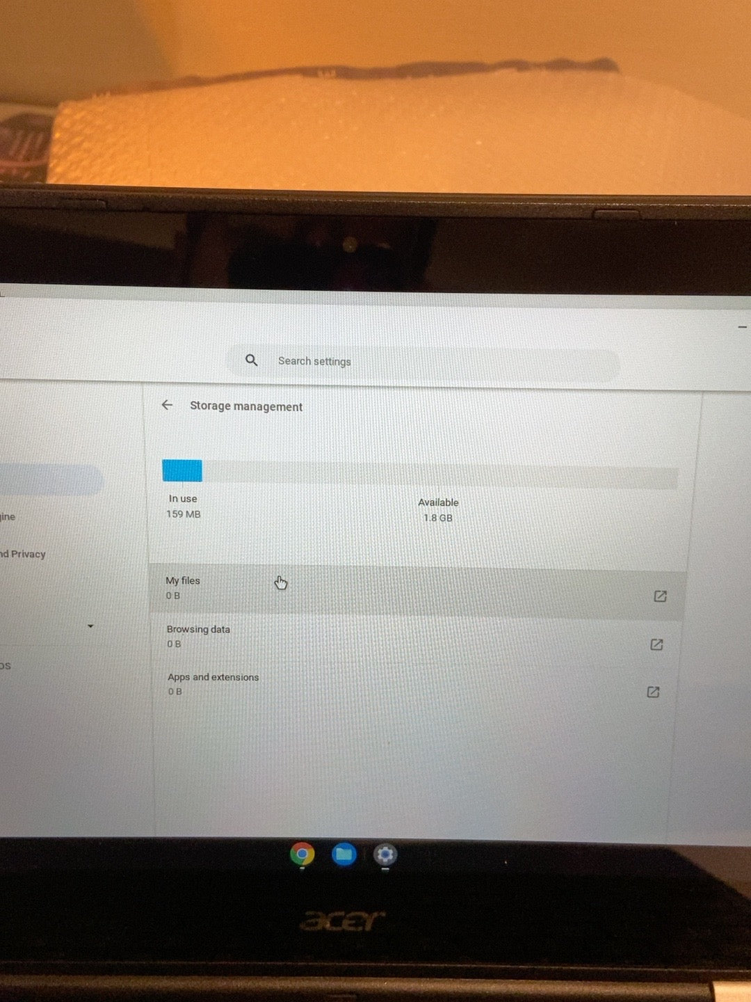 Acer Chromebook C738T-C44Z storage management screenshot showing 2GB available storage