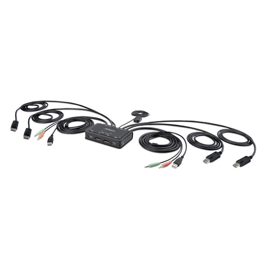 StarTech.com 2-Port Dual-Monitor DisplayPort Cable KVM Switch, 4K 60Hz, Compact KVM with 5ft/1.5m USB-A/DisplayPort/Audio Integrated Cables, Bus Powered - Remote Push Button/Hotkey Switching product image