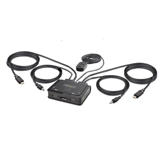 StarTech2-Port USB-C Cable KVM Switch, 4K 60Hz DisplayPort Output, Compact KVM with 4ft/1.2m USB Type-C/Audio Integrated Cables, Bus Powered - Remote Push-Button/Hotkey Switching