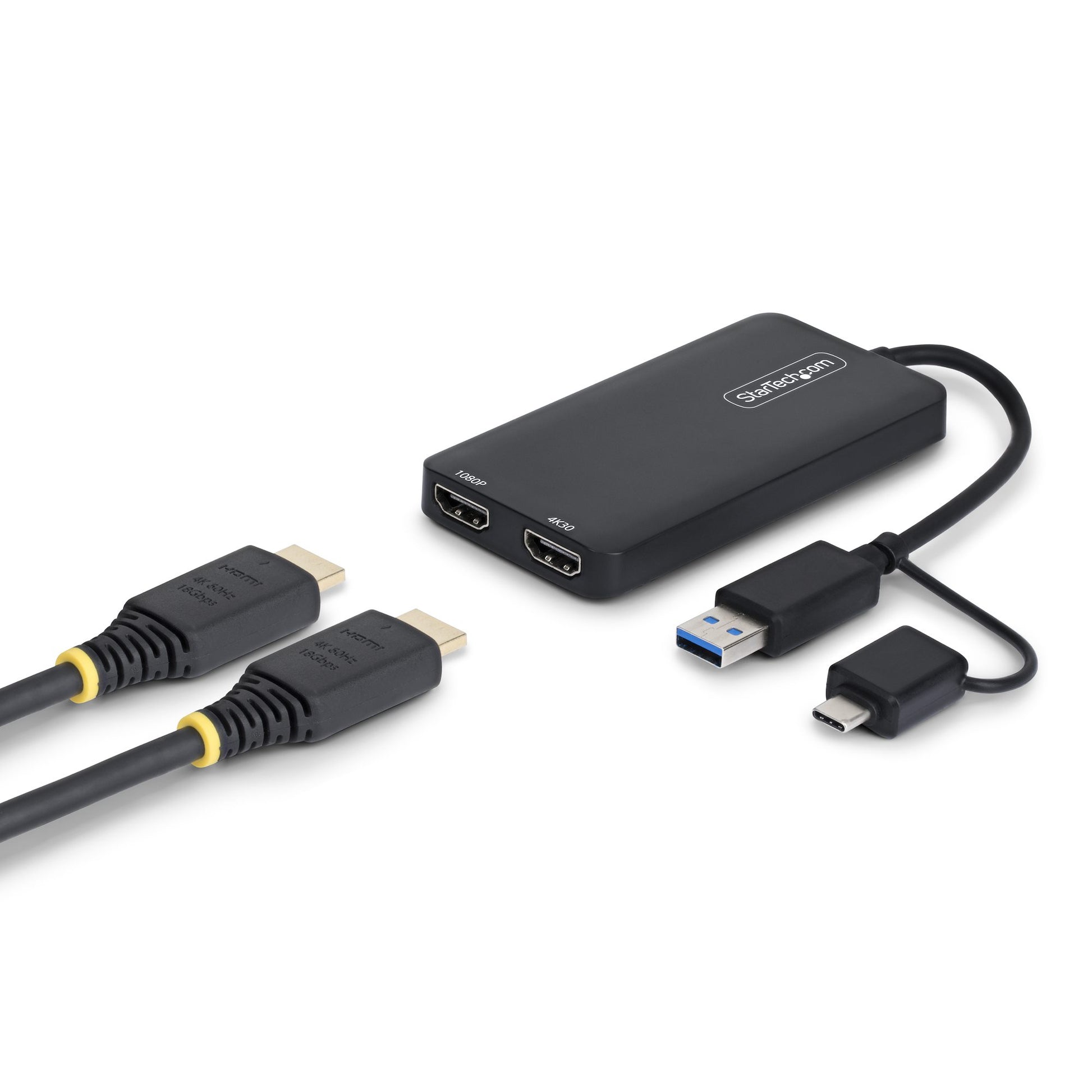 StarTech.com USB to Dual HDMI Adapter, USB A/C to 2x HDMI Displays (1x 4K30Hz, 1x 1080p), 4.3in/11cm Cable, USB 3.0 to HDMI Display Adapter, Windows/macOS, Black product image