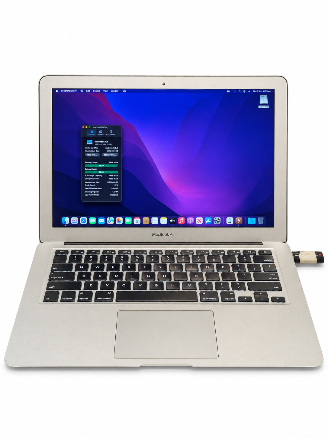 Apple MacBook Air Early 2015 front view with battery diagnostic visible on white background