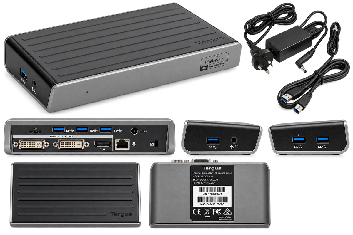 Targus DOCK130 docking station with ports and included accessories